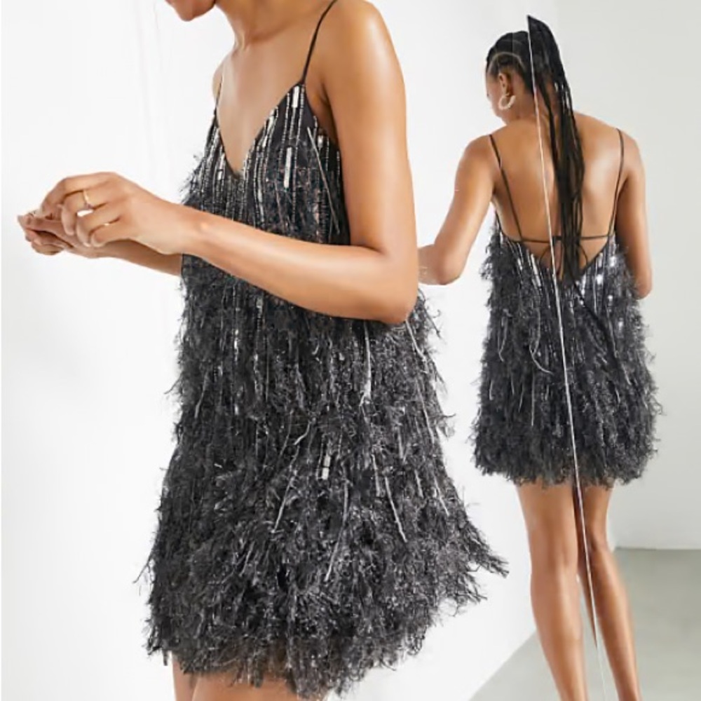 ASOS EDITION sequin and faux feather mini dress with low back in charcoal